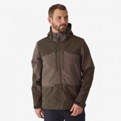 Softshell outdoor Solognac 500. Brązowe kurtki softshell męskie SOLOGNAC, l, bez wzorów, z softshellu, bez kaptura, outdoorowe. Za 299.99 zł.
