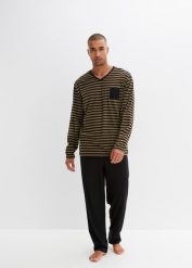 Piżama z czystej bawełny z długim rękawem. Czarne piżamy męskie bonprix, m, bez wzorów, z bawełny, bez kołnierzyka, bez ramiączek. Za 99.99 zł.