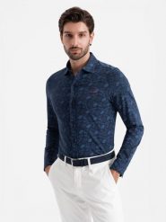 Męska koszula bawełniana z motywem roślinnym – granatowa V1 - Rozmiar: M. Niebieskie koszule męskie Ombre Clothing, l, bez wzorów, z bawełny, bez kołnierzyka, bez ramiączek. W wyprzedaży za 109.99 zł.