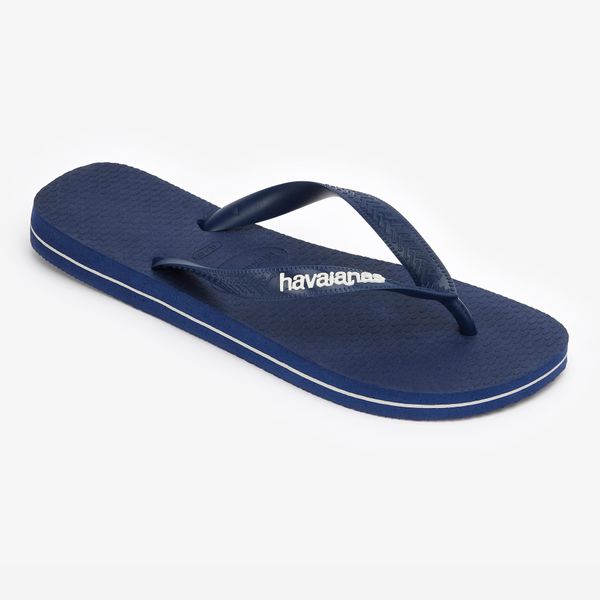 Japonki męskie Havaianas Logo Filet. Niebieskie klapki i japonki męskie Havaianas, bez wzorów, z kauczuku. W wyprzedaży za 79.99 zł.
