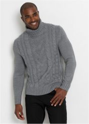 Sweter z golfem, w warkocze. Szare swetry męskie bonprix, bez wzorów, bez kołnierzyka, bez ramiączek. Za 109.99 zł.