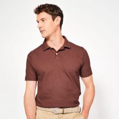 Koszulka polo do golfa z krótkim rękawem męska Inesis MW500. Brązowe koszulki polo męskie INESIS, l, bez wzorów, z bawełny, klasyczne, bez kołnierzyka, bez ramiączek. W wyprzedaży za 44.99 zł.