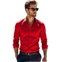Czerwona koszula męska z granatowymi kontrastami Y02. Czerwone koszule męskie Modini Moda Męska, m, bez wzorów, z bawełny, bez kołnierzyka, bez ramiączek. W wyprzedaży za 169.20 zł.