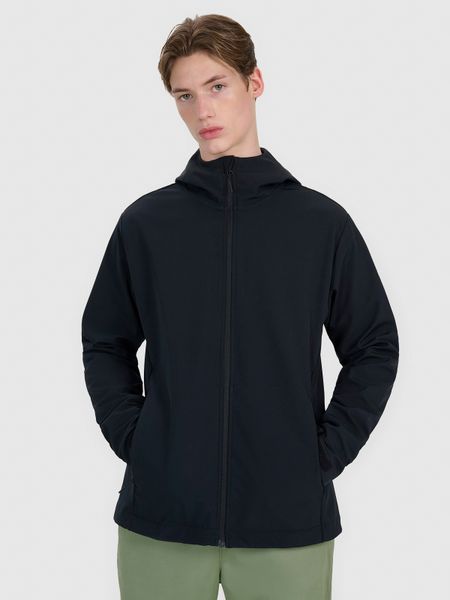 4F Kurtka softshell wiatroodporna membrana 5000 męska - czarna L. Czarne kurtki męskie 4f, l, bez wzorów, z dzianiny, z kapturem, windstopper. Za 299.99 zł.