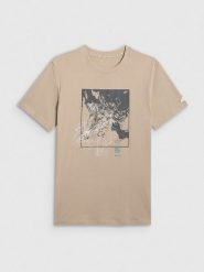 4F T-shirt regular z nadrukiem męski - beżowy M. Brązowe t-shirty męskie 4f, m, bez wzorów, z bawełny, bez kołnierzyka, bez ramiączek. Za 69.99 zł.