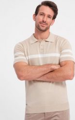Ombre Męska koszulka polo z miękkiej dzianiny z kontrastowymi pasami - beżowa V4 OM-POSS-0118 XL. Brązowe koszulki polo męskie Ombre, m, bez wzorów, z dzianiny, bez kołnierzyka, bez ramiączek. Za 69.99 zł.