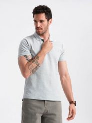 Męska koszulka polo jednokolorowa BASIC z dzianiny pique - szara V20 OM-POBS-0100 4XL. Szare koszulki polo męskie Ombre, m, bez wzorów, z dzianiny, bez kołnierzyka, bez ramiączek. Za 151.28 zł.