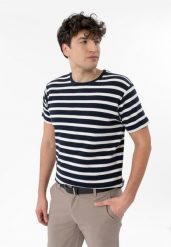 T-shirt w paski TM-HARALD. Niebieskie t-shirty męskie Volcano, m, bez wzorów, z bawełny, bez kołnierzyka, bez ramiączek. Za 79.99 zł.