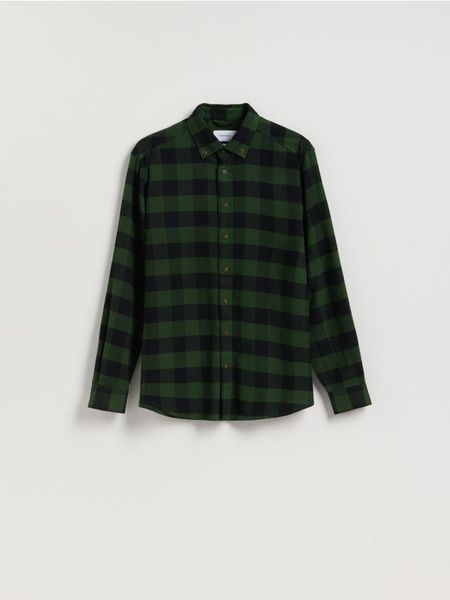 Koszula regular fit w kratę - zielony. Zielone koszule męskie Reserved, l, bez wzorów, z bawełny, bez kołnierzyka, bez ramiączek. Za 99.99 zł.