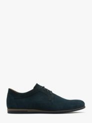Granatowe półbuty męskie. Niebieskie eleganckie półbuty męskie Ryłko, ze skóry, bez obcasa, bez zapięcia. W wyprzedaży za 229.99 zł.