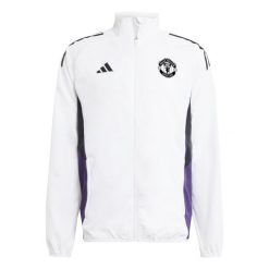 Kurtka dresowa Prematch Manchester United 2025/26. Białe kurtki treningowe męskie ADIDAS, bez wzorów, z dresówki, bez kaptura, do piłki nożnej. W wyprzedaży za 331.85 zł.