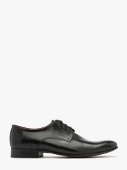 Czarne półbuty z ozdobnymi przeszyciami. Czarne eleganckie półbuty męskie Ryłko, ze skóry, bez obcasa, bez zapięcia. Za 499.99 zł.