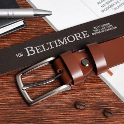 Beltimore skórzany pasek męski brązowy wąski E16 : Kolory - brązowy, beżowy, Rozmiar pasków - r.125-140 cm. Brązowe paski męskie bez wzorów. Za 49.49 zł.