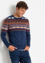 Sweter w norweski wzór. Niebieskie swetry męskie bonprix, bez wzorów, bez kołnierzyka, bez ramiączek. Za 124.99 zł.