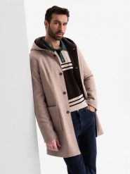 Melanżowy długi męski płaszcz z kapturem – beżowy V2 - Rozmiar: XL. Brązowe płaszcze męskie Ombre Clothing, na zimę, m, bez wzorów, z materiału, eleganckie, z kapturem. W wyprzedaży za 449.99 zł.