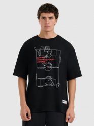 4F T-shirt oversize z nadrukiem męski - czarny L. Czarne t-shirty męskie 4f, l, bez wzorów, bez kołnierzyka, bez ramiączek. Za 79.99 zł.