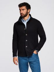 Męska bluza zapinana na guziki ze stójką – czarna V6. Czarne bluzy rozpinane męskie Ombre Clothing, m, bez wzorów, z bawełny, eleganckie, bez ramiączek, bez kaptura. Za 209.99 zł.