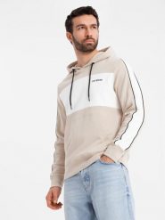 Bawełniana męska bluza z kapturem z kontrastującymi elementami - beżowa V2 - Rozmiar: S. Białe bluzy nierozpinane męskie Ombre Clothing, m, bez wzorów, z bawełny, z kapturem. W wyprzedaży za 172.49 zł.