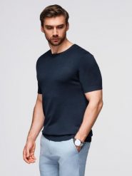 Męska klasyczna dzianinowa koszulka ze ściągaczami– granatowa V1 - Rozmiar: XXL. Czarne t-shirty męskie Ombre Clothing, m, bez wzorów, z dzianiny, bez kołnierzyka, bez ramiączek. W wyprzedaży za 119.99 zł.