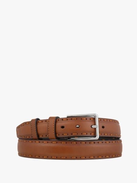 Rudy pasek ze skóry licowej. Brązowe paski męskie Ryłko, bez wzorów, z denimu, casualowe. Za 129.99 zł.