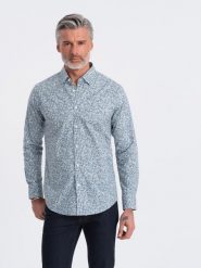 Koszula męska SLIM FIT w print drobnych liści - jasnoniebieska V1 - Rozmiar: S. Niebieskie koszule męskie Ombre Clothing, m, bez wzorów, z bawełny, bez kołnierzyka, bez ramiączek. W wyprzedaży za 69.99 zł.