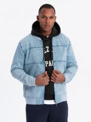 Kurtka męska jeansowa bomberka z efektem stone wash – jasnoniebieska V3 OM-JADJ-0163 - XXL. Szare kurtki męskie Ombre Clothing, l, bez wzorów, z bawełny, klasyczne, bez ramiączek, bez kaptura. Za 179.99 zł.