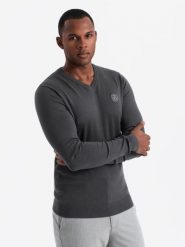 Elegancki sweter męski BASIC V-neck z wiskozą - grafitowy V17 - Rozmiar: S. Szare swetry męskie Ombre Clothing, bez wzorów, z wiskozy, eleganckie, bez kołnierzyka, bez ramiączek. W wyprzedaży za 89.99 zł.