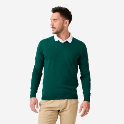 Sweter do golfa męski MW100 dekolt w serek. Zielone swetry męskie INESIS, bez wzorów, z bawełny, eleganckie, bez kołnierzyka, bez ramiączek. Za 69.99 zł.