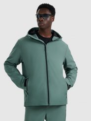 4F Kurtka softshell wiatroodporna membrana 5000 męska - zielona M. Zielone kurtki softshell męskie 4f, na zimę, m, bez wzorów, z materiału, z kapturem, windstopper. Za 299.99 zł.
