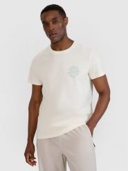 4F T-shirt regular z nadrukiem męski - biały S. Białe t-shirty męskie 4f, m, bez wzorów, z bawełny, bez kołnierzyka, bez ramiączek. W wyprzedaży za 49.99 zł.