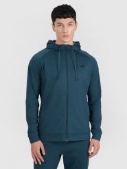 4F Bluza treningowa regular szybkoschnąca męska - granatowa XXL. Niebieskie bluzy rozpinane męskie 4f, m, bez wzorów, z dzianiny, klasyczne, bez ramiączek, z kapturem. Za 199.99 zł.