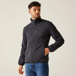 Softshell turystyczny męski Romain. Szare kurtki softshell męskie Regatta, m, bez wzorów, z materiału, bez kaptura, trekkingowe. W wyprzedaży za 279.99 zł.