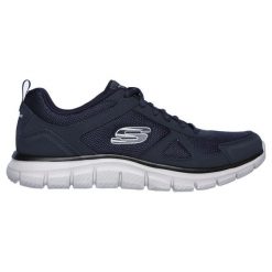 Buty treningowe męskie SKECHERS Track Scrolic. Niebieskie buty treningowe męskie Skechers, bez wzorów, ze skóry, bez zapięcia, na fitness i siłownię. Za 205.99 zł.