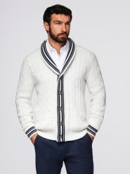 Sweter męski kardigan z szalowym kołnierzem w stylu preppy - biały V1 - Rozmiar: S. Białe kardigany męskie Ombre Clothing, m, bez wzorów, z bawełny, bez ramiączek. W wyprzedaży za 149.49 zł.