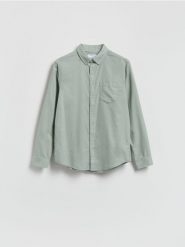 Bawełniana koszula slim fit - jasnozielony. Zielone koszule męskie Reserved, l, bez wzorów, z bawełny, bez kołnierzyka, bez ramiączek. Za 119.99 zł.