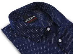 Granatowa koszula w białe kropki Y89. Białe koszule męskie Modini Moda Męska, m, bez wzorów, z bawełny, bez kołnierzyka, bez ramiączek. W wyprzedaży za 175.50 zł.