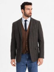 Męska elegancka marynarka w kratkę z domieszką wełny – ciemnobrązowa V3 - Rozmiar: M. Szare marynarki męskie Ombre Clothing, m, bez wzorów, z materiału. W wyprzedaży za 314.99 zł.