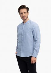 Koszula ze stójką, Slim Fit, K-LANGE. Niebieskie koszule męskie Volcano, l, bez wzorów, z bawełny, bez kołnierzyka, bez ramiączek. Za 149.99 zł.
