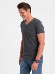 Klasyczna męska bawełniana koszulka z dekoltem w serek BASIC - grafitowa V3 - Rozmiar: M. Szare t-shirty męskie Ombre Clothing, m, bez wzorów, z bawełny, bez kołnierzyka, bez ramiączek. W wyprzedaży za 24.99 zł.