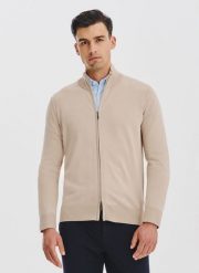 PAKO LORENTE - Beżowy rozpinany sweter męski. Brązowe kardigany męskie Pako Lorente, l, bez wzorów, z poliamidu, bez ramiączek. Za 149.99 zł.