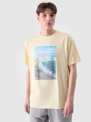 4F T-shirt oversize z nadrukiem męski - żółty XL. Żółte t-shirty męskie 4f, m, bez wzorów, z bawełny, bez kołnierzyka, bez ramiączek. W wyprzedaży za 29.99 zł.