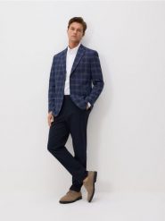 Marynarka slim fit w kratę - granatowy. Niebieskie marynarki męskie Reserved, l, bez wzorów, z tkaniny. Za 329.99 zł.