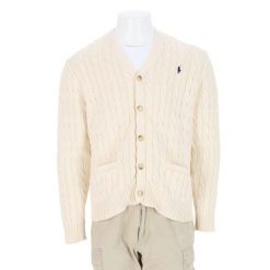 Second life - Męski beżowy sweter kardigan - Jak nowy. Brązowe kardigany męskie Ralph Lauren, bez wzorów, sportowe, bez kołnierzyka, bez ramiączek. Za 298.16 zł.