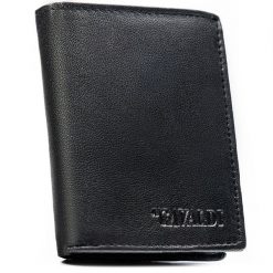 Pionowy, czarny portfel męski ze skóry naturalnej z systemem RFID bez zapięcia zewnętrznego - 4U Cavaldi. Czarne portfele męskie 4U Cavaldi, bez wzorów, ze skóry. Za 53.99 zł.