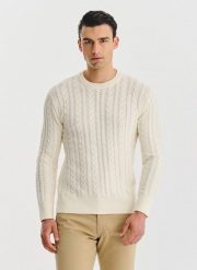 PAKO LORENTE - Beżowy sweter męski z kaszmirem. Brązowe swetry męskie Pako Lorente, bez wzorów, z bawełny, bez kołnierzyka, bez ramiączek. Za 249.99 zł.