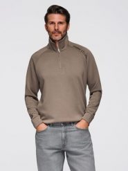 Bluza męska z kontrastowym nadrukiem i rozpinaną wysoką stójką szarobrązowa V3 OM-SSZP-0211 XL. Brązowe bluzy rozpinane męskie Ombre, m, bez wzorów, bez ramiączek, bez kaptura. Za 287.44 zł.