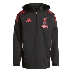Kurtka dresowa zewnętrzna Liverpool FC 2025/26. Czarne kurtki męskie ADIDAS, bez wzorów, z dresówki, bez kaptura, do piłki nożnej. W wyprzedaży za 377.70 zł.