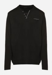 Czarny Sweter z Wełną Zdobiony Guzikami przy Dekolcie Acandria. Czarne swetry męskie Born2be, z aplikacjami, z dzianiny, eleganckie, bez kołnierzyka, bez ramiączek. Za 59.99 zł.