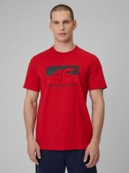 4F T-shirt regular z nadrukiem męski - czerwony L. Czerwone t-shirty męskie 4f, l, bez wzorów, z bawełny, bez kołnierzyka, bez ramiączek. Za 69.99 zł.