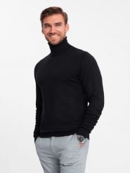 Męski dzianinowy dopasowany golf z wiskozą - czarny V1 OM-SWTN-0101 - L. Czarne swetry męskie Ombre Clothing, bez wzorów, z dzianiny, bez kołnierzyka, bez ramiączek. W wyprzedaży za 79.99 zł.
